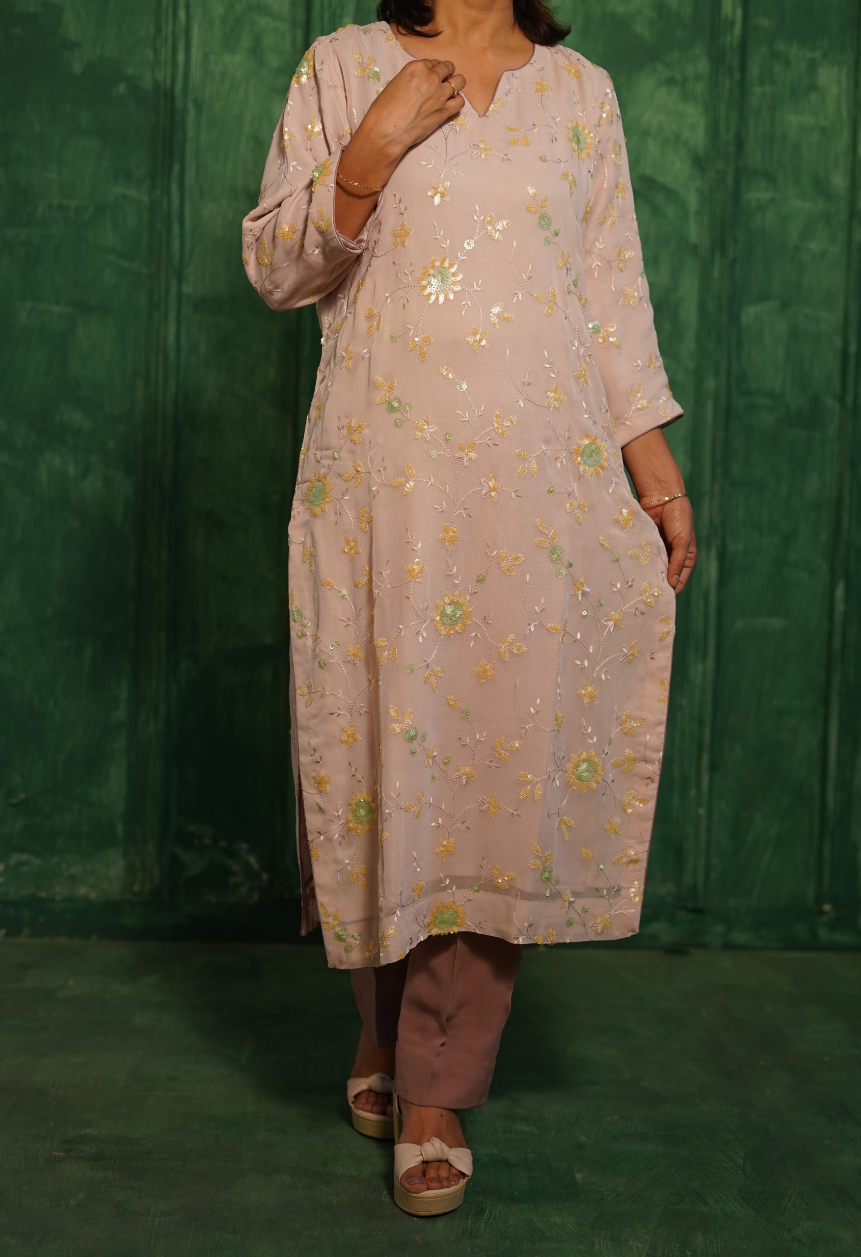 Pastel Pink & Yellow-Green Georgette Kurta Set