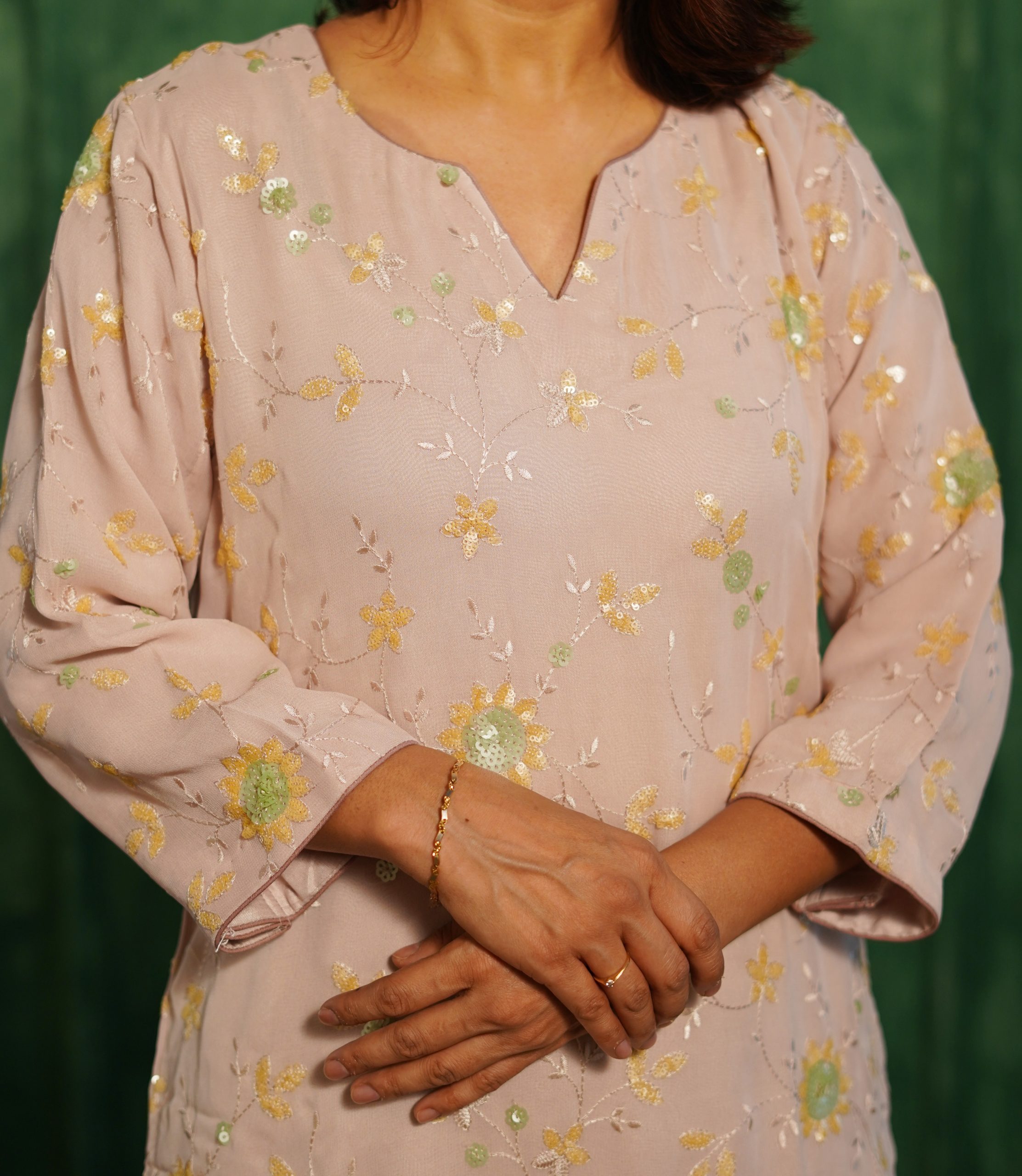 Pastel Pink & Yellow-Green Georgette Kurta Set - Image 2