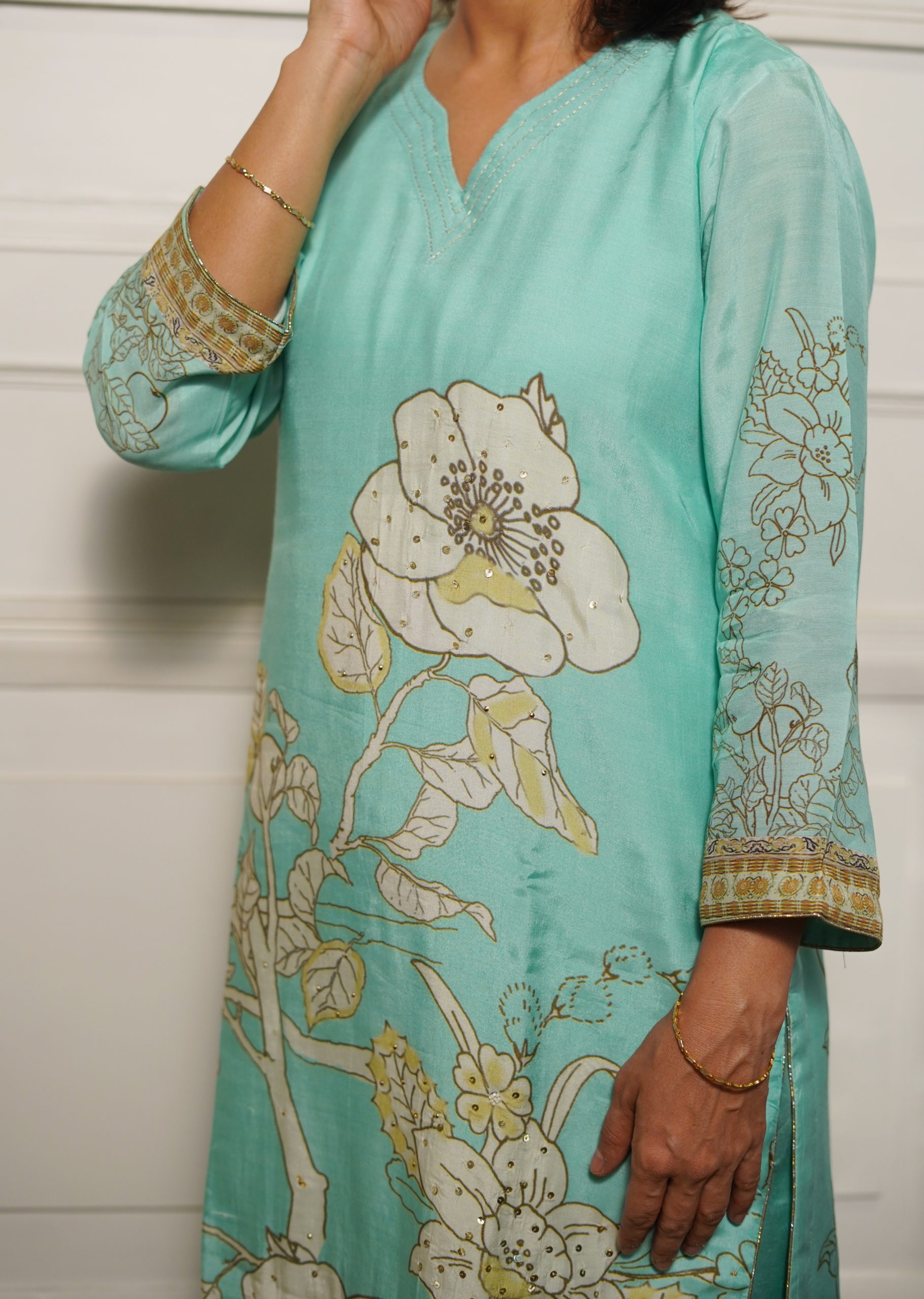 Sky Blue Muslin Designer Kurta Set - Image 3