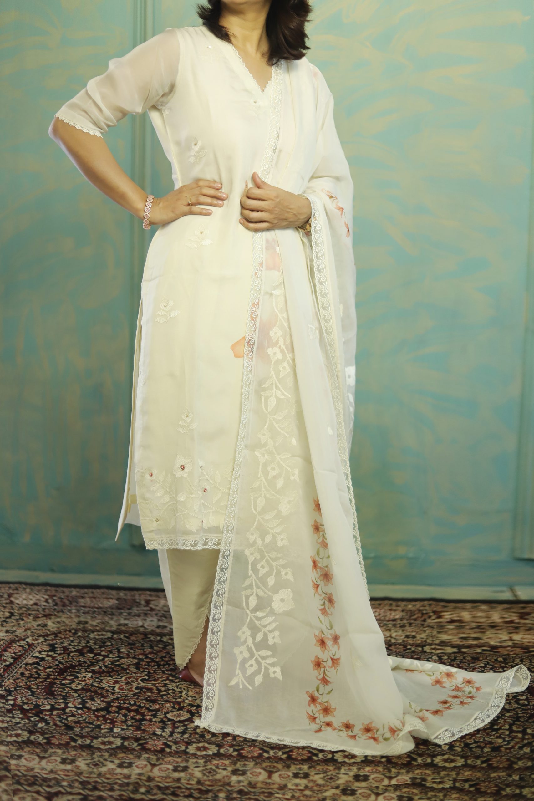 Elegant Ivory Organza Embroidered Kurta Set – Timeless Sophistication 🤍Ethereal Ivory - Image 4