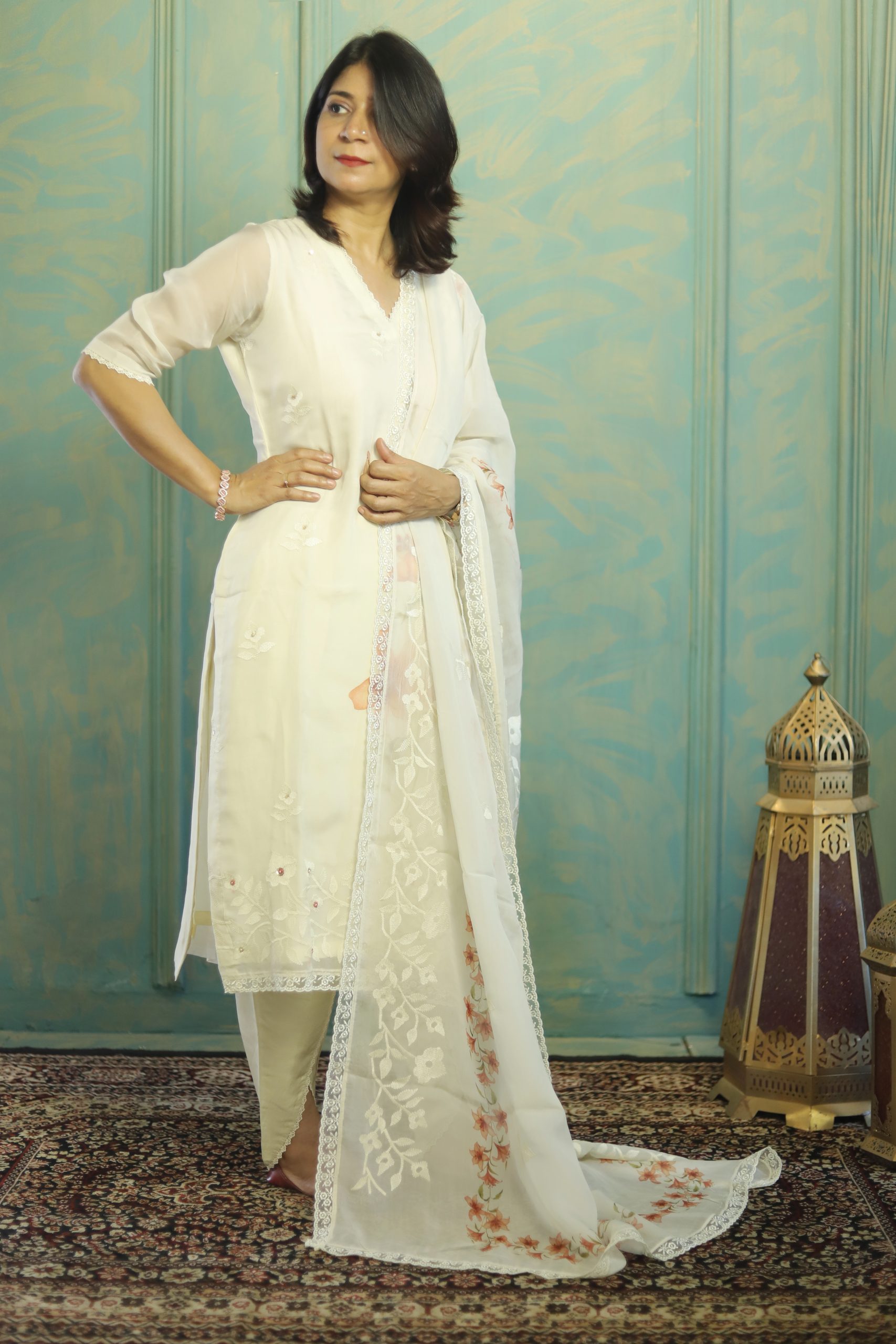 Elegant Ivory Organza Embroidered Kurta Set – Timeless Sophistication 🤍Ethereal Ivory - Image 3