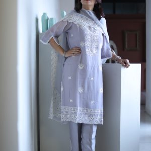 Lilac Lavender Organza Chikankari Kurta Set – Pastel Grace