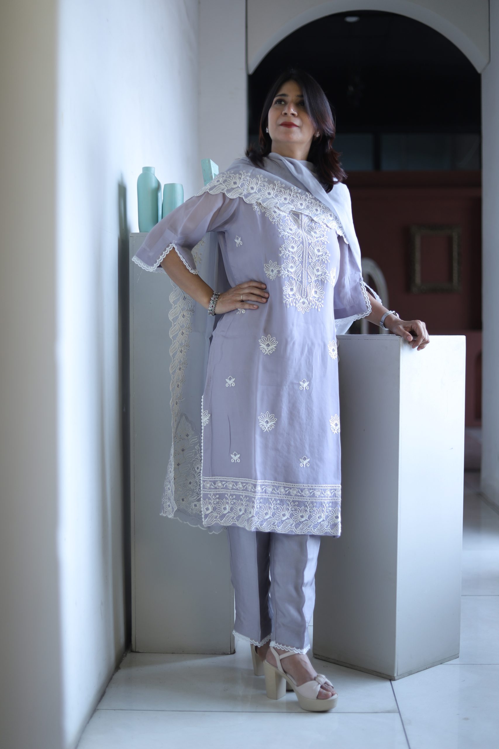 Lilac Lavender Organza Chikankari Kurta Set – Pastel Grace