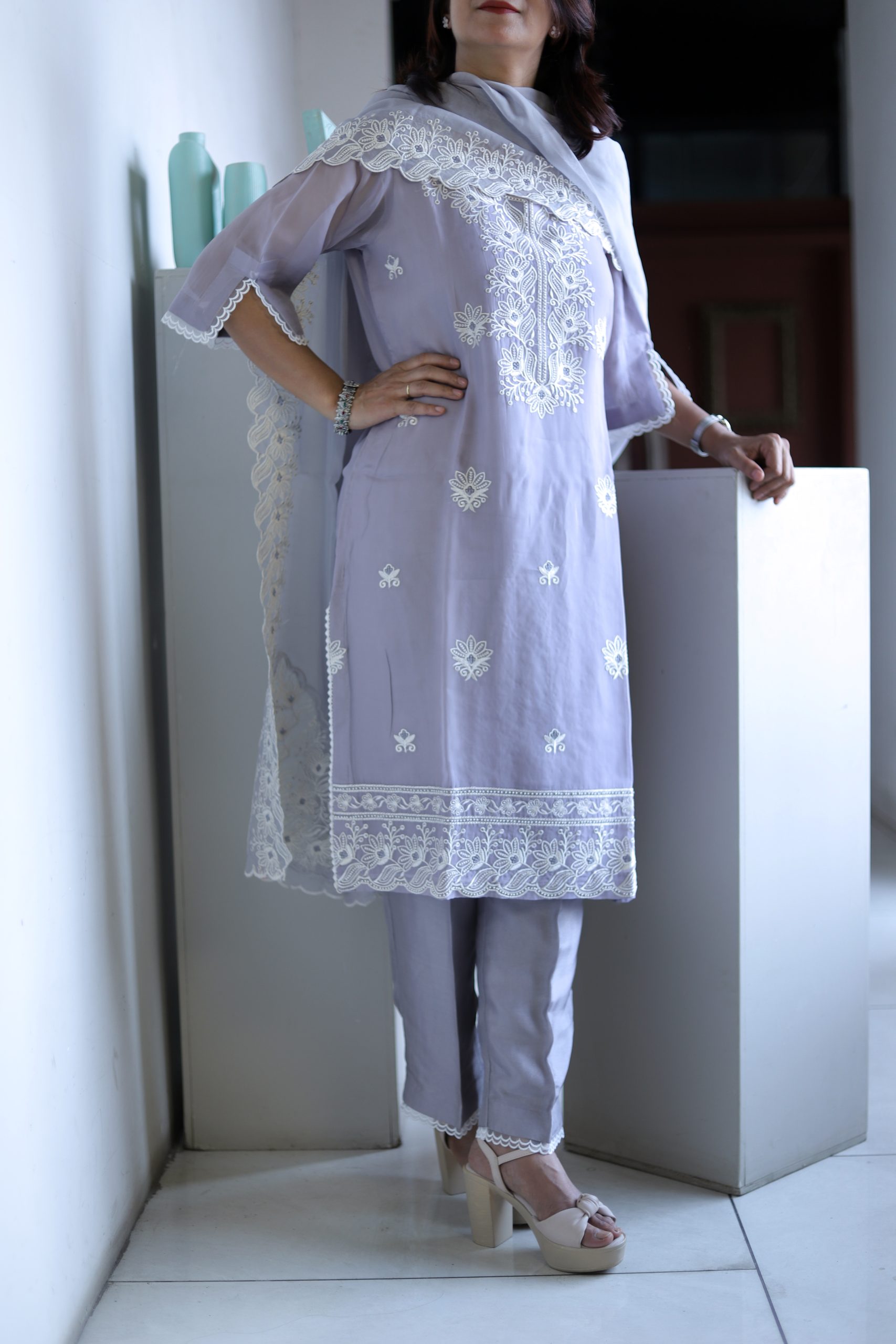 Lilac Lavender Organza Chikankari Kurta Set – Pastel Grace - Image 6