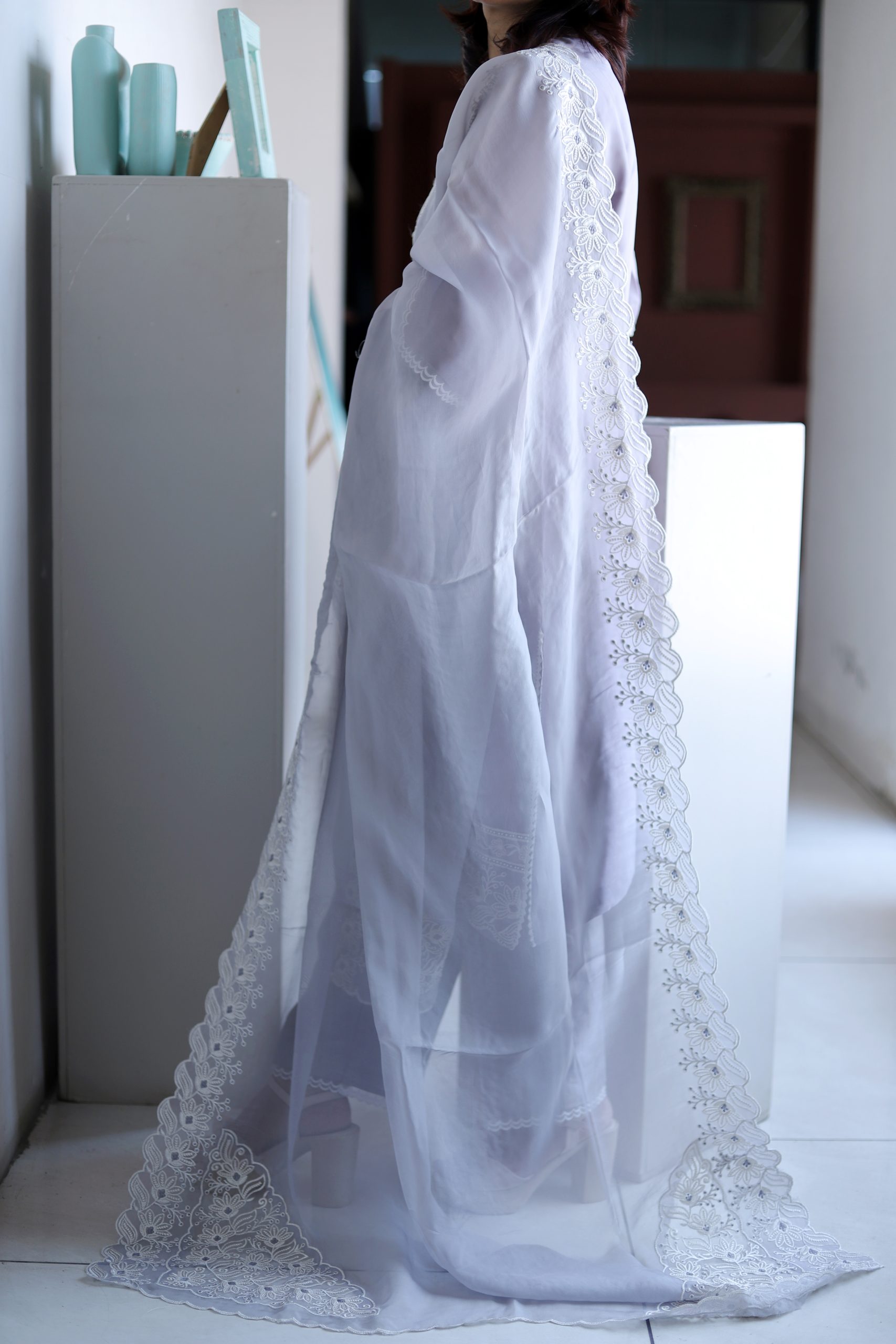 Lilac Lavender Organza Chikankari Kurta Set – Pastel Grace - Image 3