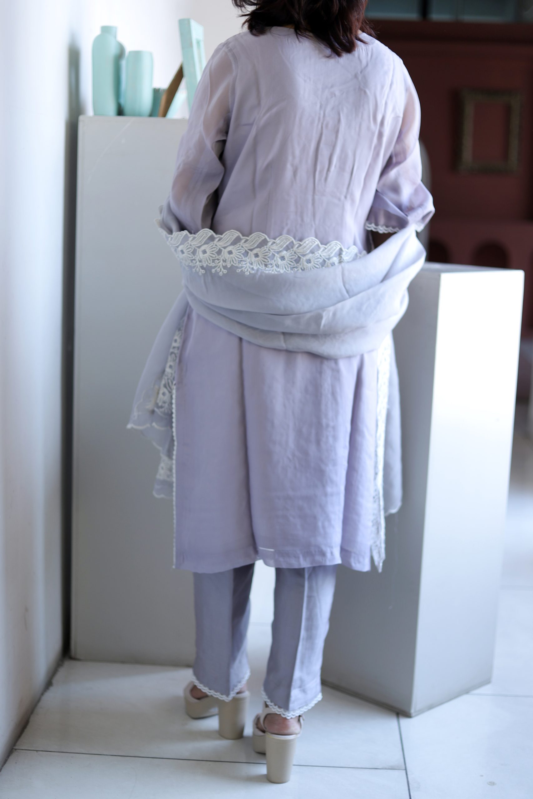 Lilac Lavender Organza Chikankari Kurta Set – Pastel Grace - Image 2