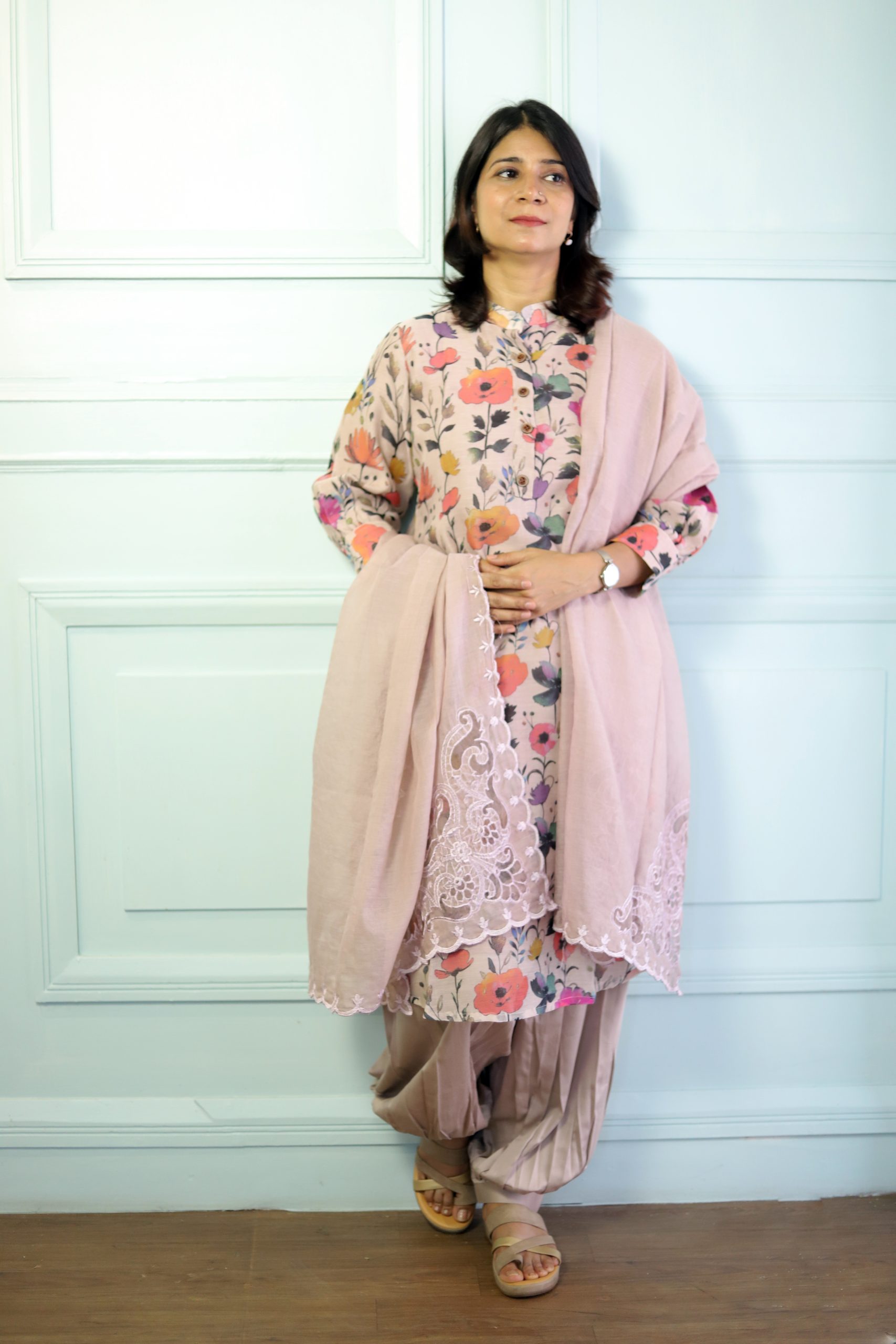 Mauve Floral Printed Maheshwari Cotton Kurta Set – Heritage with a Modern Bloom