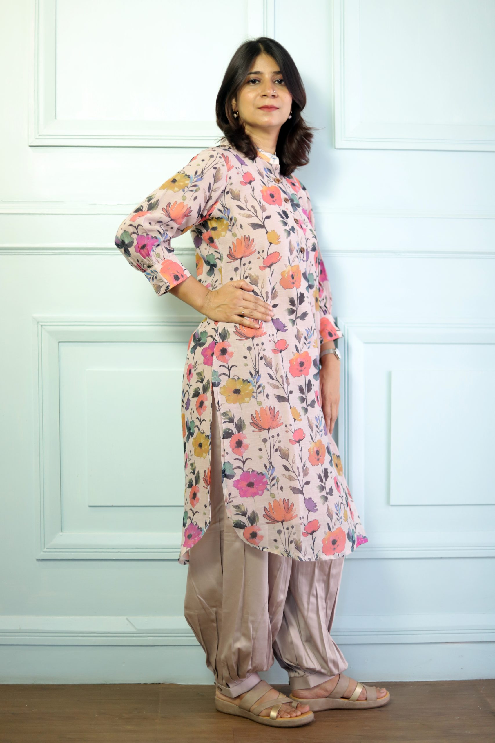 Mauve Floral Printed Maheshwari Cotton Kurta Set – Heritage with a Modern Bloom - Image 4