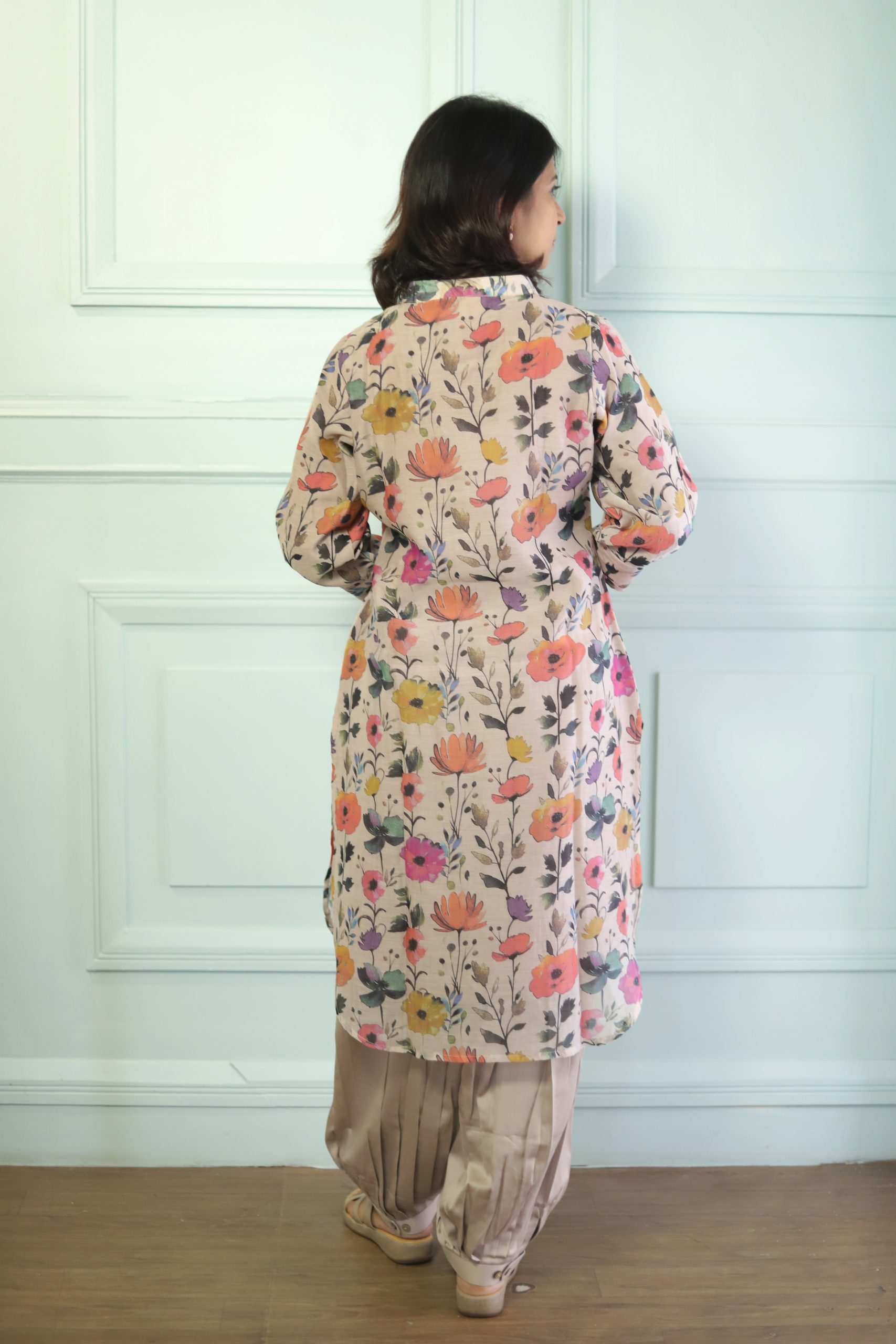 Mauve Floral Printed Maheshwari Cotton Kurta Set – Heritage with a Modern Bloom - Image 2