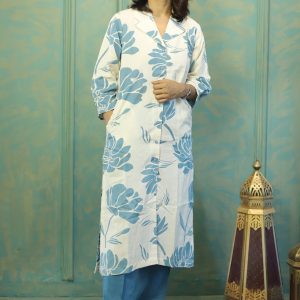 Teal & Off-White Cotton Kurta Set – Floral Serenity 🌸Cotton Charm